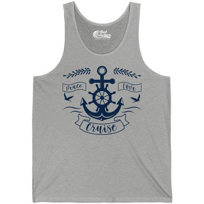 Peace Love Cruise Shirt - Nautical Theme Apparel for Vacation (Tank Top) in Athletic Heather - Peace Love Cruise Shirt - Nautical Anchor and Wheel Line Art Design