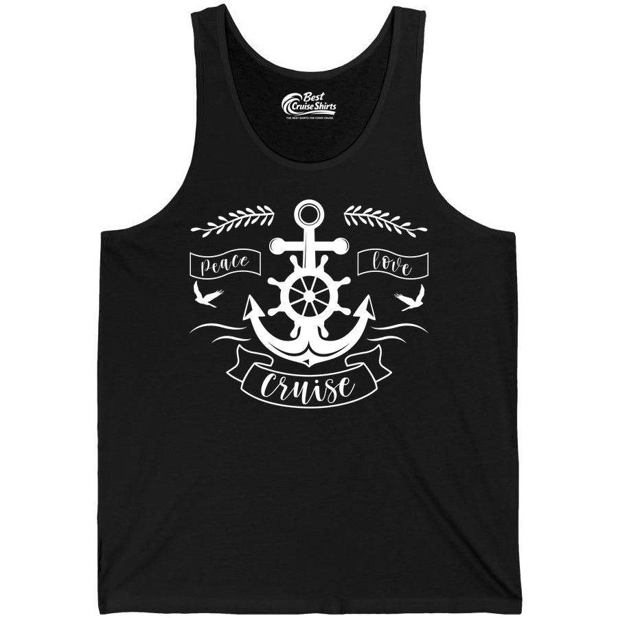Peace Love Cruise Shirt - Nautical Theme Apparel for Vacation (Tank Top) in Black - Peace Love Cruise Shirt - Nautical Anchor and Wheel Line Art Design