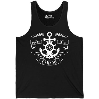 Peace Love Cruise Shirt - Nautical Theme Apparel for Vacation (Tank Top) in Black - Peace Love Cruise Shirt - Nautical Anchor and Wheel Line Art Design