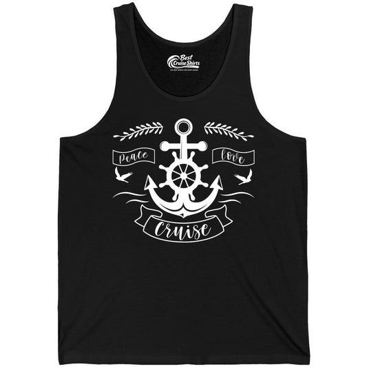Peace Love Cruise Shirt - Nautical Theme Apparel for Vacation (Tank Top) in Black - Peace Love Cruise Shirt - Nautical Anchor and Wheel Line Art Design