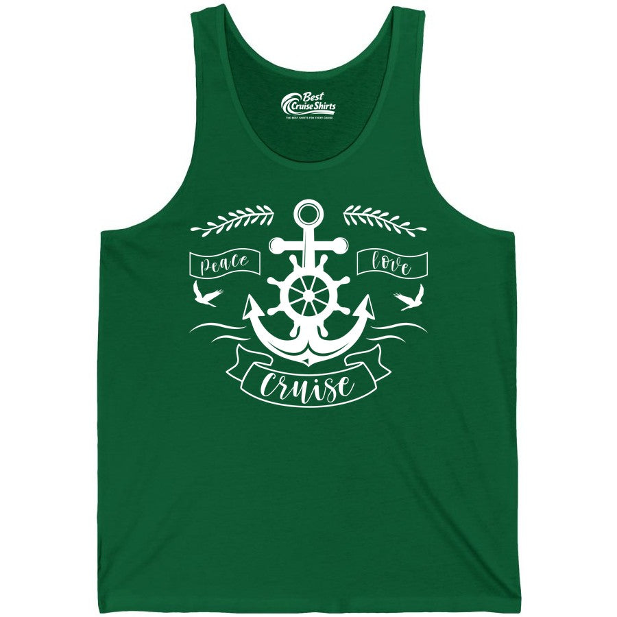 Peace Love Cruise Shirt - Nautical Theme Apparel for Vacation (Tank Top) in Kelly - Peace Love Cruise Shirt - Nautical Anchor and Wheel Line Art Design