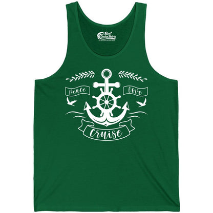 Peace Love Cruise Shirt - Nautical Theme Apparel for Vacation (Tank Top) in Kelly - Peace Love Cruise Shirt - Nautical Anchor and Wheel Line Art Design