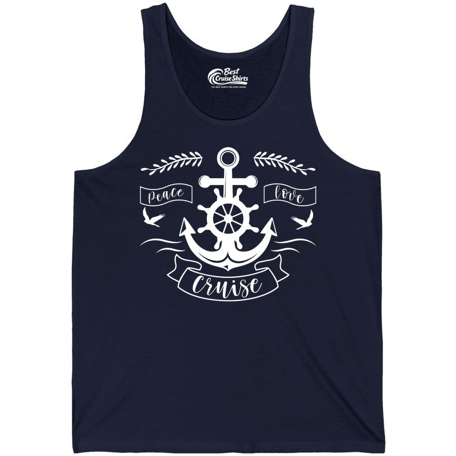 Peace Love Cruise Shirt - Nautical Theme Apparel for Vacation (Tank Top) in Navy - Peace Love Cruise Shirt - Nautical Anchor and Wheel Line Art Design