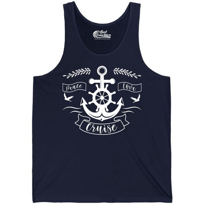 Peace Love Cruise Shirt - Nautical Theme Apparel for Vacation (Tank Top) in Navy - Peace Love Cruise Shirt - Nautical Anchor and Wheel Line Art Design