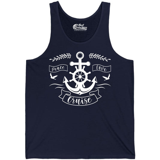 Peace Love Cruise Shirt - Nautical Theme Apparel for Vacation (Tank Top) in Navy - Peace Love Cruise Shirt - Nautical Anchor and Wheel Line Art Design