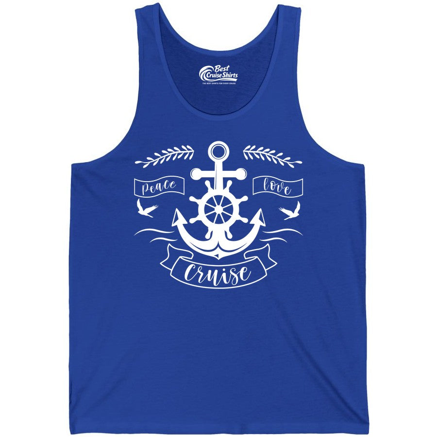 Peace Love Cruise Shirt - Nautical Theme Apparel for Vacation (Tank Top) in True Royal - Peace Love Cruise Shirt - Nautical Anchor and Wheel Line Art Design