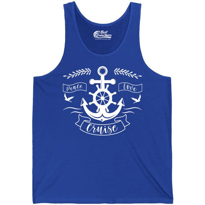 Peace Love Cruise Shirt - Nautical Theme Apparel for Vacation (Tank Top) in True Royal - Peace Love Cruise Shirt - Nautical Anchor and Wheel Line Art Design