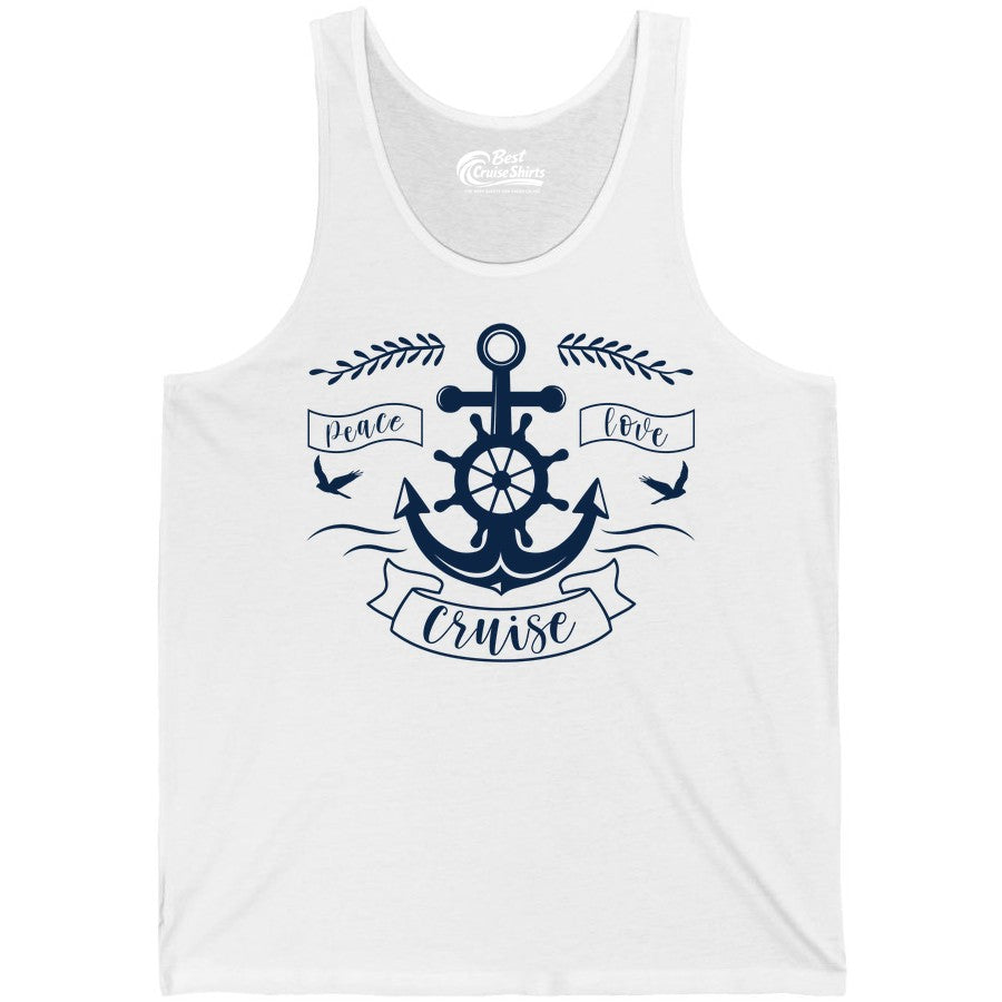 Peace Love Cruise Shirt - Nautical Theme Apparel for Vacation (Tank Top) in White - Peace Love Cruise Shirt - Nautical Anchor and Wheel Line Art Design