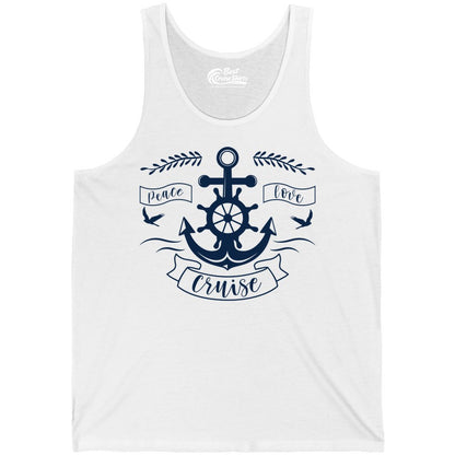 Peace Love Cruise Shirt - Nautical Theme Apparel for Vacation (Tank Top) in White - Peace Love Cruise Shirt - Nautical Anchor and Wheel Line Art Design