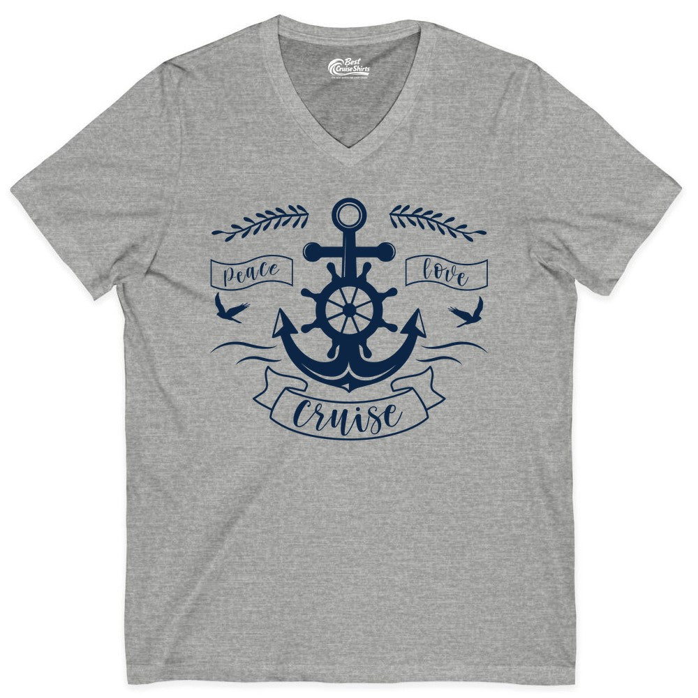Peace Love Cruise Shirt - Nautical Theme Apparel for Vacation (V-Neck) in Athletic Heather - Peace Love Cruise Shirt - Nautical Anchor and Wheel Line Art Design