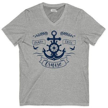 Peace Love Cruise Shirt - Nautical Theme Apparel for Vacation (V-Neck) in Athletic Heather - Peace Love Cruise Shirt - Nautical Anchor and Wheel Line Art Design