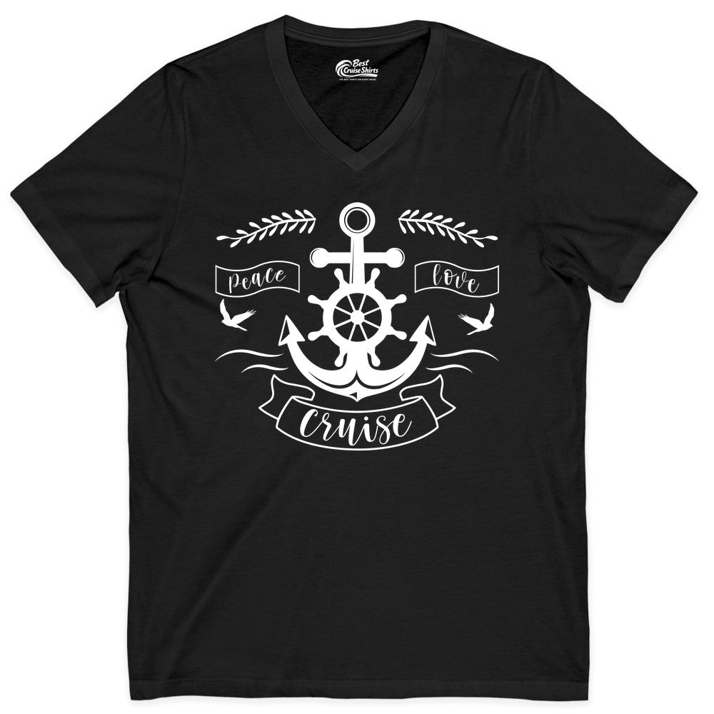 Peace Love Cruise Shirt - Nautical Theme Apparel for Vacation (V-Neck) in Black - Peace Love Cruise Shirt - Nautical Anchor and Wheel Line Art Design