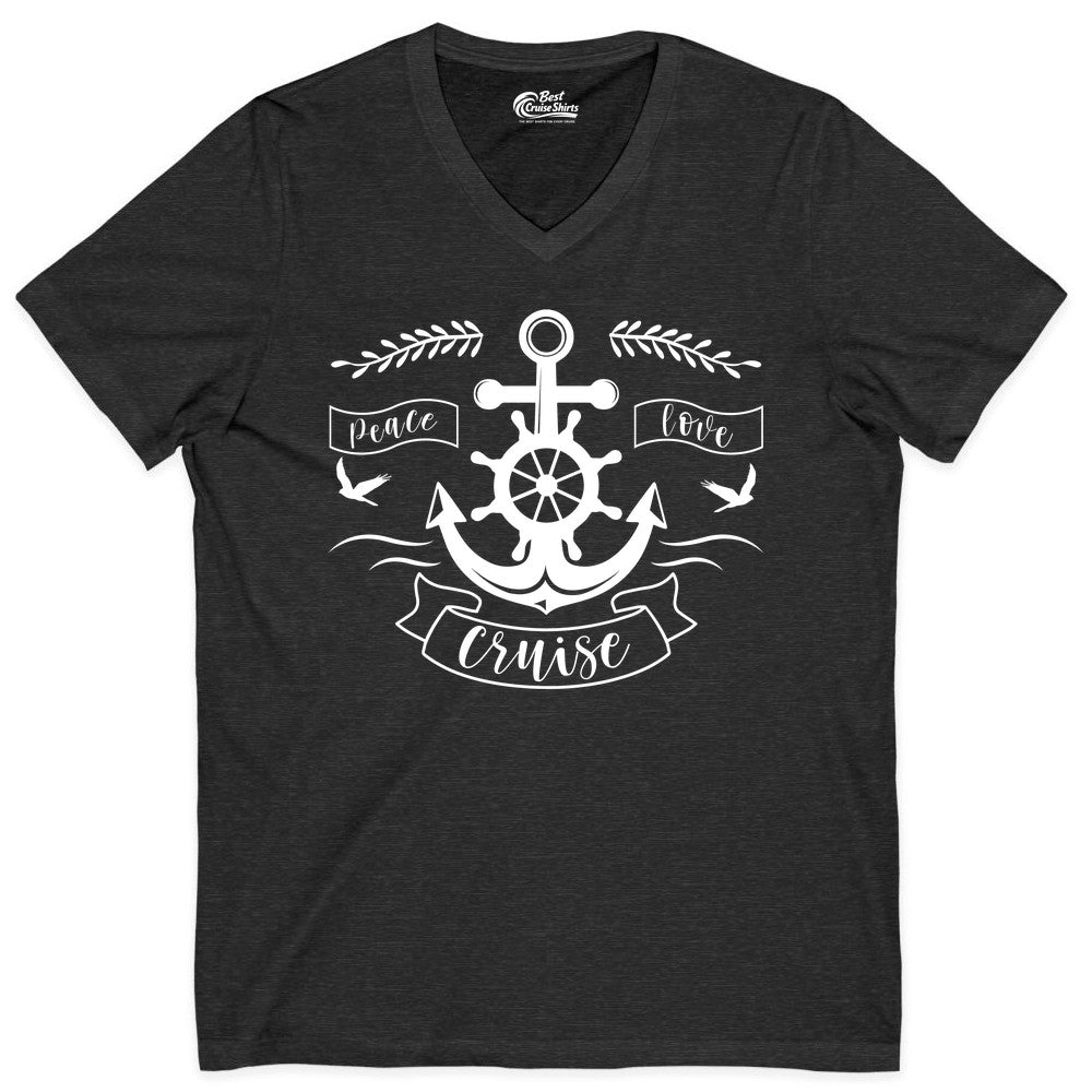 Peace Love Cruise Shirt - Nautical Theme Apparel for Vacation (V-Neck) in Dark Grey Heather - Peace Love Cruise Shirt - Nautical Anchor and Wheel Line Art Design