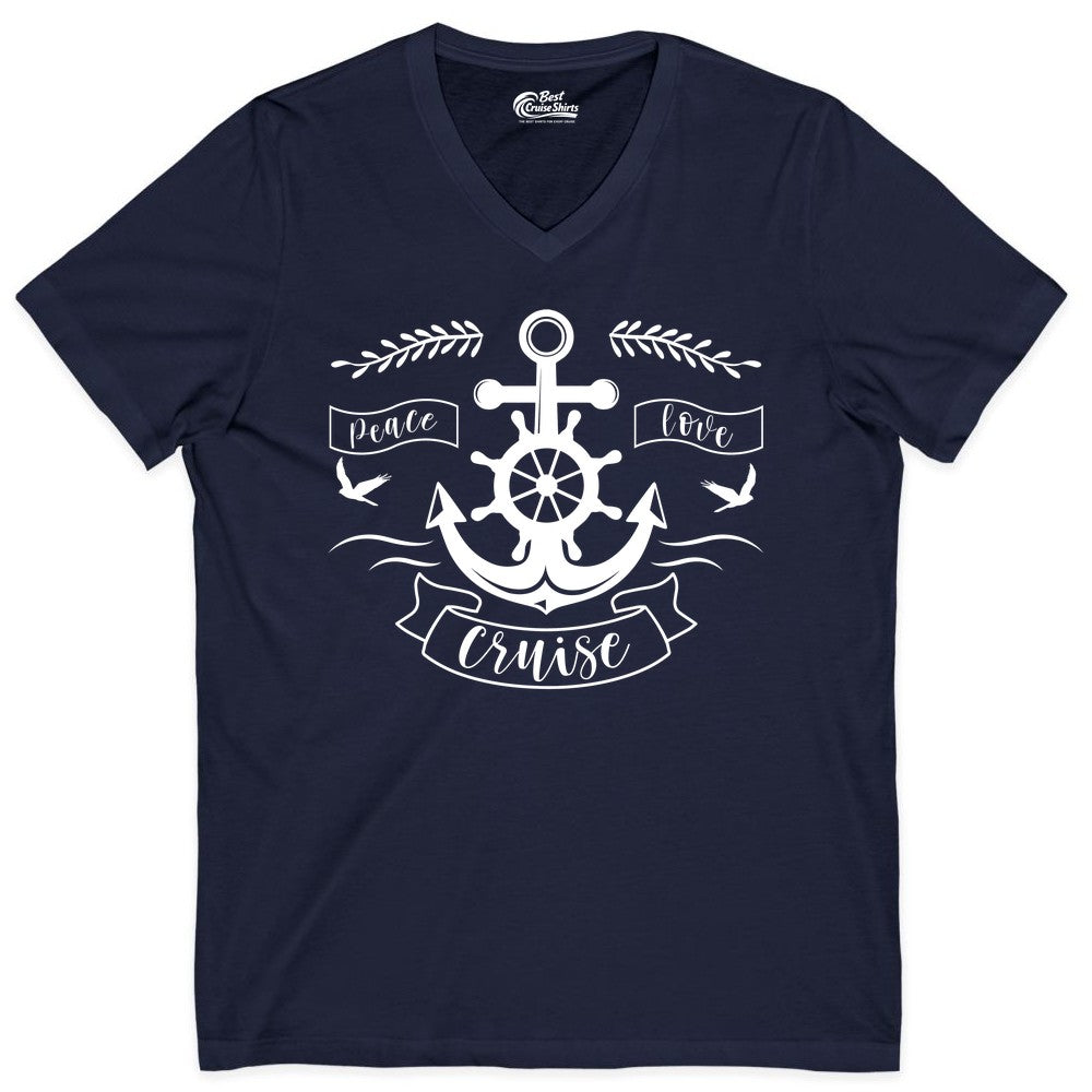 Peace Love Cruise Shirt - Nautical Theme Apparel for Vacation (V-Neck) in Navy - Peace Love Cruise Shirt - Nautical Anchor and Wheel Line Art Design
