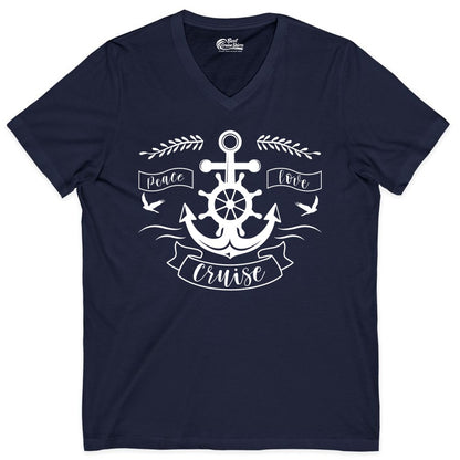 Peace Love Cruise Shirt - Nautical Theme Apparel for Vacation (V-Neck) in Navy - Peace Love Cruise Shirt - Nautical Anchor and Wheel Line Art Design