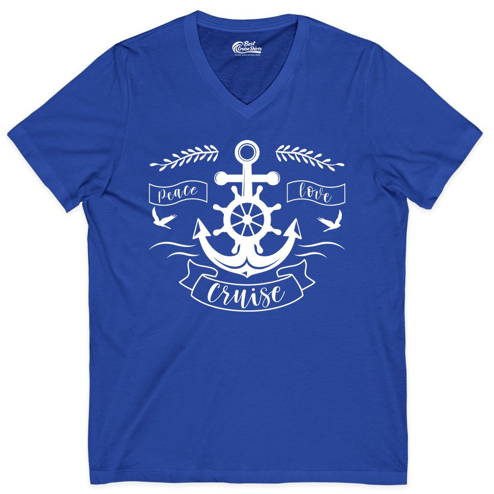 Peace Love Cruise Shirt - Nautical Theme Apparel for Vacation (V-Neck) in True Royal - Peace Love Cruise Shirt - Nautical Anchor and Wheel Line Art Design