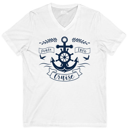 Peace Love Cruise Shirt - Nautical Theme Apparel for Vacation (V-Neck) in White - Peace Love Cruise Shirt - Nautical Anchor and Wheel Line Art Design