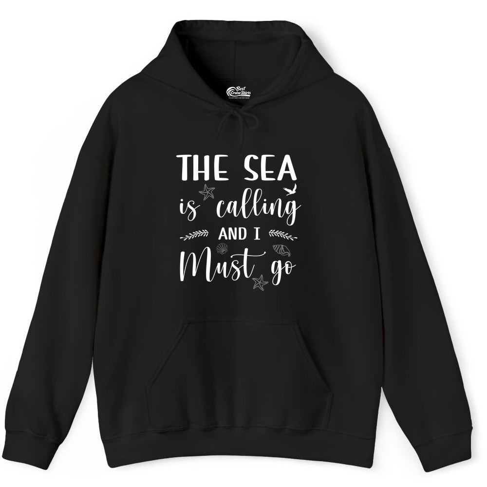 The Sea Is Calling Shirt - Ocean Lover Apparel Beach Vacation Tee (Hoodie) in Black - The Sea Is Calling Shirt - Ocean Typography With Shells and Starfish