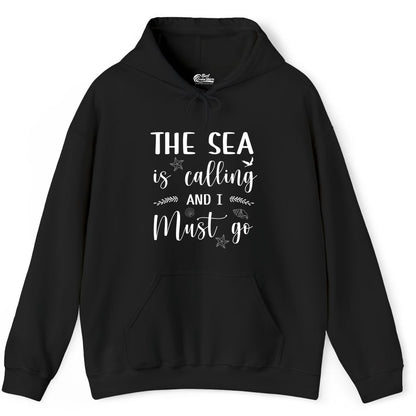 The Sea Is Calling Shirt - Ocean Lover Apparel Beach Vacation Tee (Hoodie) in Black - The Sea Is Calling Shirt - Ocean Typography With Shells and Starfish