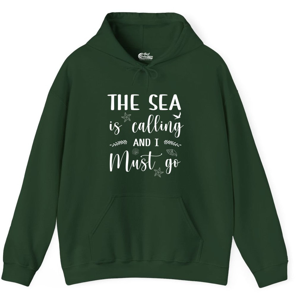 The Sea Is Calling Shirt - Ocean Lover Apparel Beach Vacation Tee (Hoodie) in Forest Green - The Sea Is Calling Shirt - Ocean Typography With Shells and Starfish