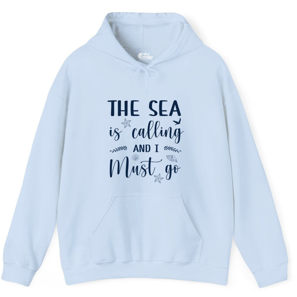 The Sea Is Calling Shirt - Ocean Lover Apparel Beach Vacation Tee (Hoodie) in Light Blue - The Sea Is Calling Shirt - Ocean Typography With Shells and Starfish
