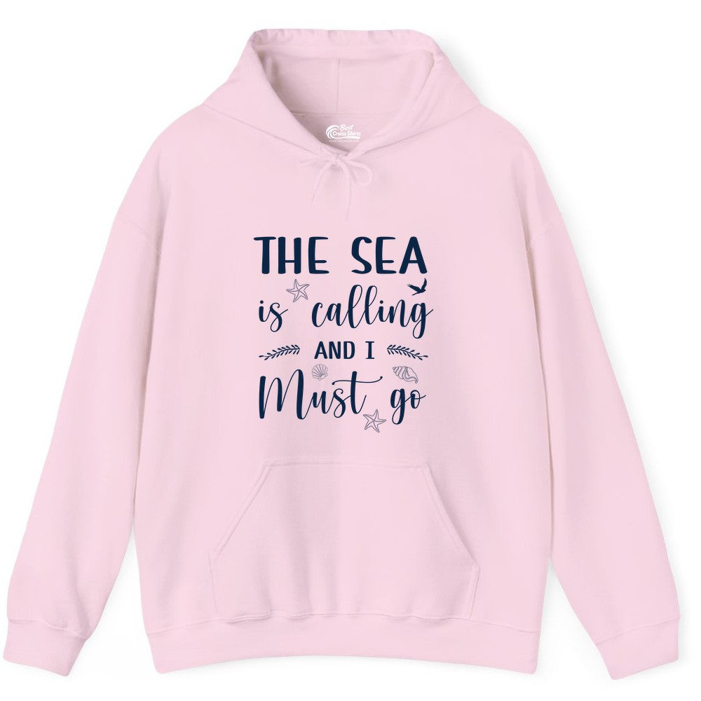 The Sea Is Calling Shirt - Ocean Lover Apparel Beach Vacation Tee (Hoodie) in Light Pink - The Sea Is Calling Shirt - Ocean Typography With Shells and Starfish