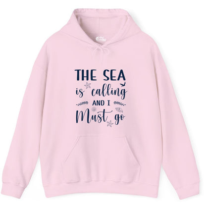 The Sea Is Calling Shirt - Ocean Lover Apparel Beach Vacation Tee (Hoodie) in Light Pink - The Sea Is Calling Shirt - Ocean Typography With Shells and Starfish
