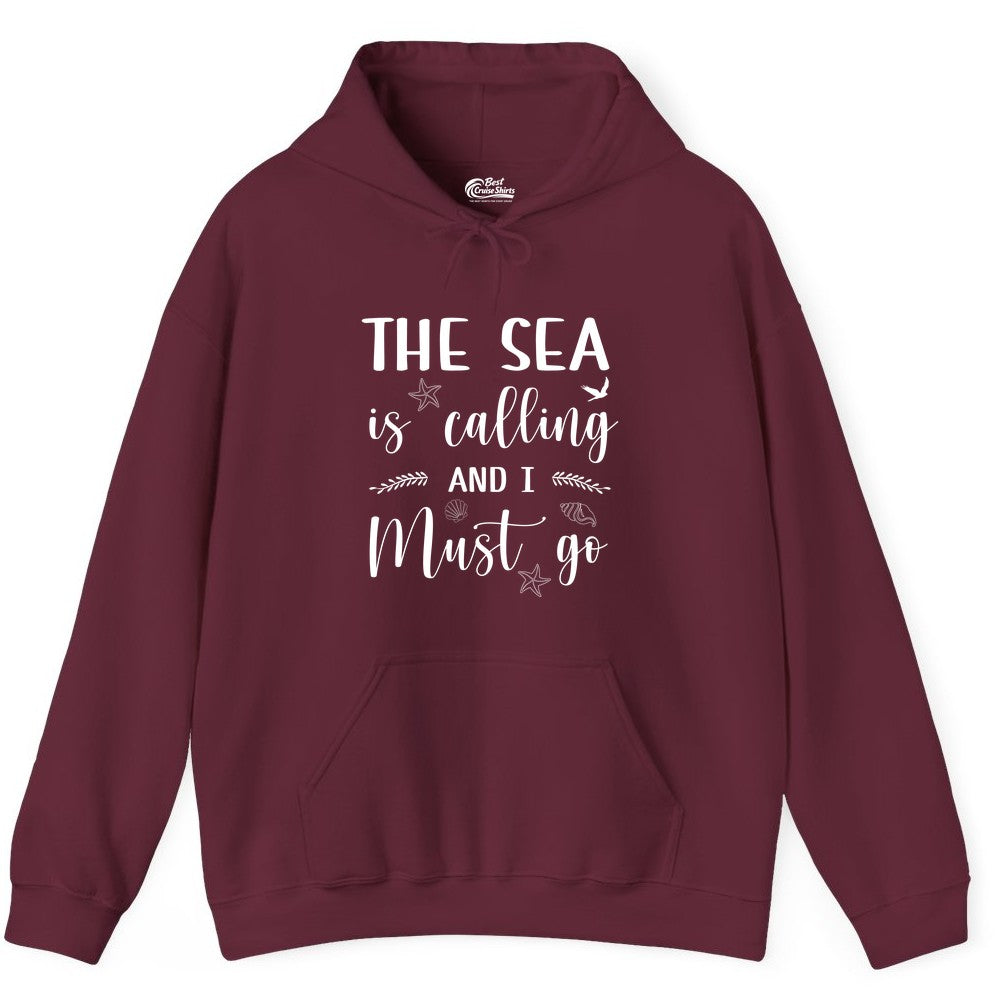 The Sea Is Calling Shirt - Ocean Lover Apparel Beach Vacation Tee (Hoodie) in Maroon - The Sea Is Calling Shirt - Ocean Typography With Shells and Starfish
