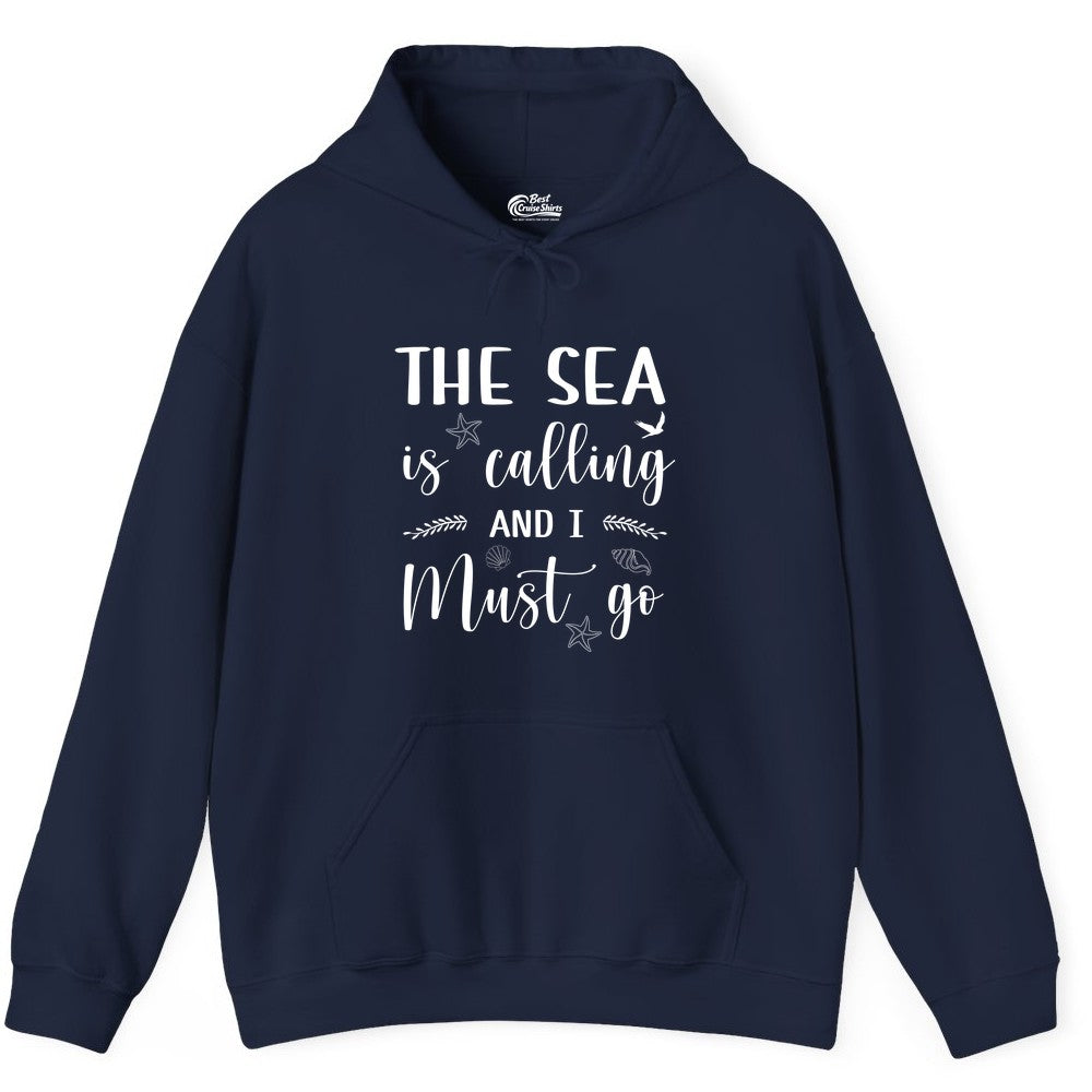 The Sea Is Calling Shirt - Ocean Lover Apparel Beach Vacation Tee (Hoodie) in Navy - The Sea Is Calling Shirt - Ocean Typography With Shells and Starfish