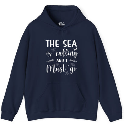 The Sea Is Calling Shirt - Ocean Lover Apparel Beach Vacation Tee (Hoodie) in Navy - The Sea Is Calling Shirt - Ocean Typography With Shells and Starfish