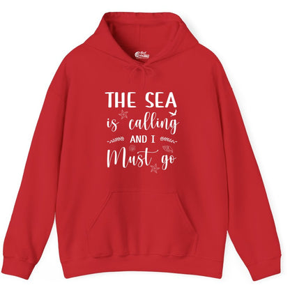 The Sea Is Calling Shirt - Ocean Lover Apparel Beach Vacation Tee (Hoodie) in Red - The Sea Is Calling Shirt - Ocean Typography With Shells and Starfish