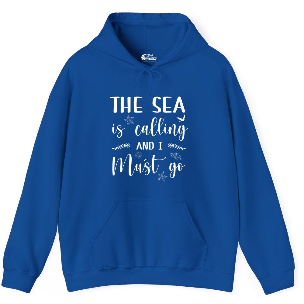 The Sea Is Calling Shirt - Ocean Lover Apparel Beach Vacation Tee (Hoodie) in Royal - The Sea Is Calling Shirt - Ocean Typography With Shells and Starfish