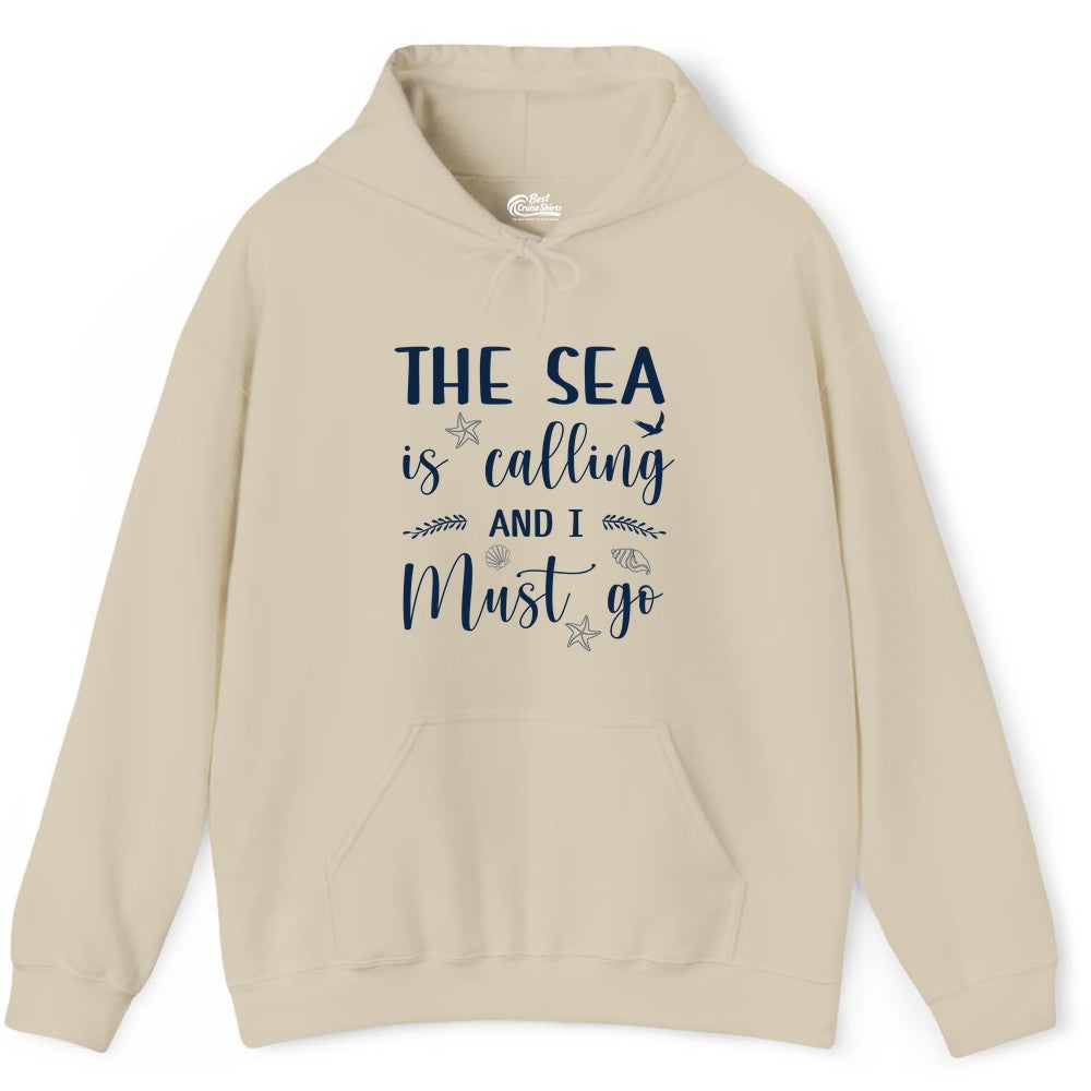 The Sea Is Calling Shirt - Ocean Lover Apparel Beach Vacation Tee (Hoodie) in Sand - The Sea Is Calling Shirt - Ocean Typography With Shells and Starfish