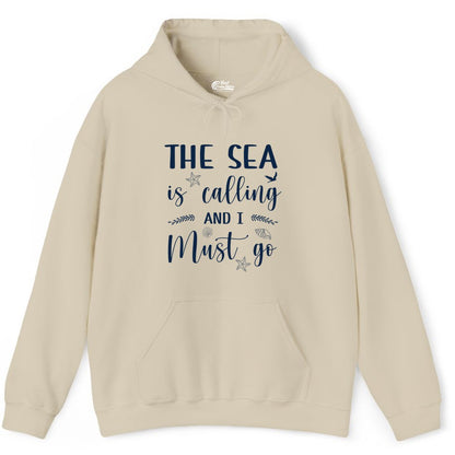 The Sea Is Calling Shirt - Ocean Lover Apparel Beach Vacation Tee (Hoodie) in Sand - The Sea Is Calling Shirt - Ocean Typography With Shells and Starfish