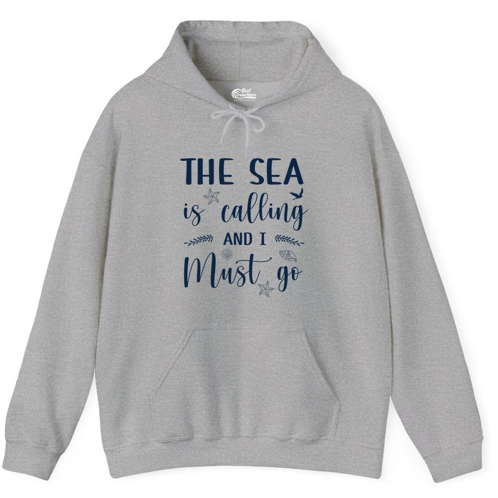 The Sea Is Calling Shirt - Ocean Lover Apparel Beach Vacation Tee (Hoodie) in Sport Grey - The Sea Is Calling Shirt - Ocean Typography With Shells and Starfish