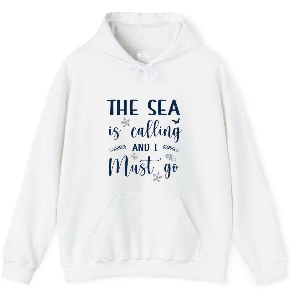 The Sea Is Calling Shirt - Ocean Lover Apparel Beach Vacation Tee (Hoodie) in White - The Sea Is Calling Shirt - Ocean Typography With Shells and Starfish