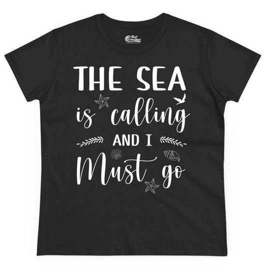 The Sea Is Calling Shirt - Ocean Lover Apparel Beach Vacation Tee (Ladies Tee) in Black - The Sea Is Calling Shirt - Ocean Typography With Shells and Starfish
