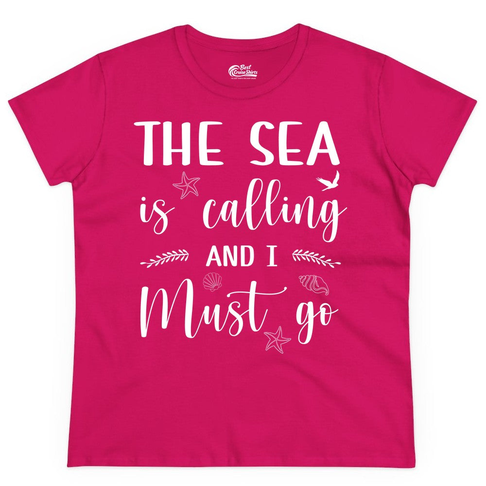 The Sea Is Calling Shirt - Ocean Lover Apparel Beach Vacation Tee (Ladies Tee) in Heliconia - The Sea Is Calling Shirt - Ocean Typography With Shells and Starfish