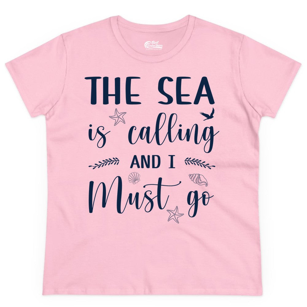 The Sea Is Calling Shirt - Ocean Lover Apparel Beach Vacation Tee (Ladies Tee) in Light Pink - The Sea Is Calling Shirt - Ocean Typography With Shells and Starfish