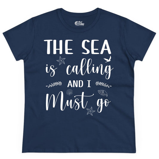 The Sea Is Calling Shirt - Ocean Lover Apparel Beach Vacation Tee (Ladies Tee) in Navy - The Sea Is Calling Shirt - Ocean Typography With Shells and Starfish