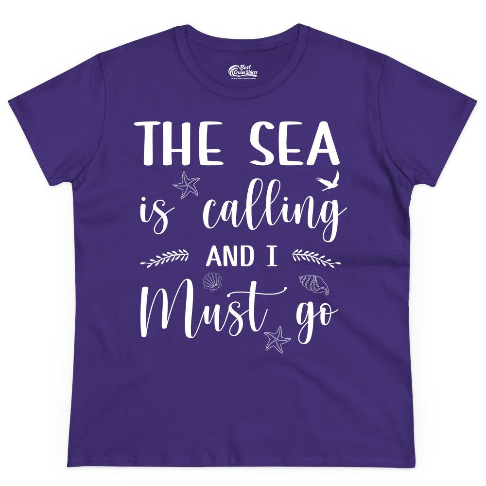 The Sea Is Calling Shirt - Ocean Lover Apparel Beach Vacation Tee (Ladies Tee) in Purple - The Sea Is Calling Shirt - Ocean Typography With Shells and Starfish
