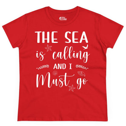 The Sea Is Calling Shirt - Ocean Lover Apparel Beach Vacation Tee (Ladies Tee) in Red - The Sea Is Calling Shirt - Ocean Typography With Shells and Starfish