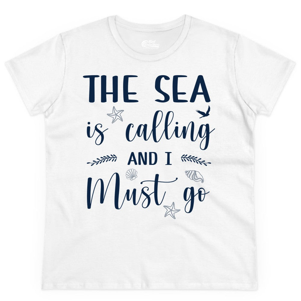 The Sea Is Calling Shirt - Ocean Lover Apparel Beach Vacation Tee (Ladies Tee) in White - The Sea Is Calling Shirt - Ocean Typography With Shells and Starfish