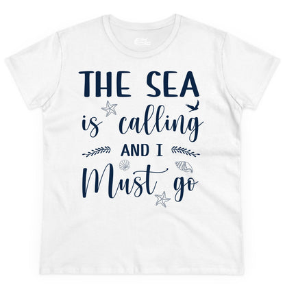 The Sea Is Calling Shirt - Ocean Lover Apparel Beach Vacation Tee (Ladies Tee) in White - The Sea Is Calling Shirt - Ocean Typography With Shells and Starfish