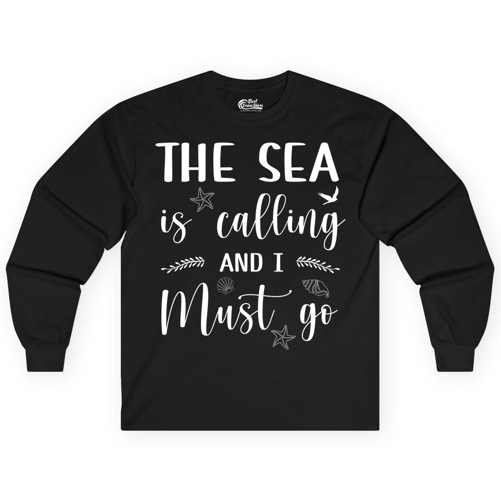 The Sea Is Calling Shirt - Ocean Lover Apparel Beach Vacation Tee (Long Sleeve) in Black - The Sea Is Calling Shirt - Ocean Typography With Shells and Starfish