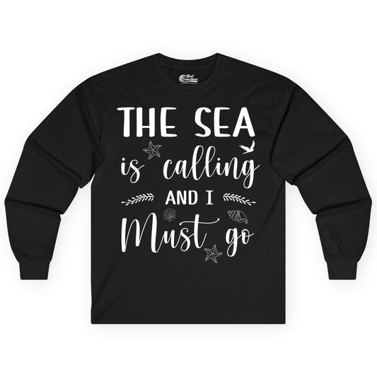 The Sea Is Calling Shirt - Ocean Lover Apparel Beach Vacation Tee (Long Sleeve) in Black - The Sea Is Calling Shirt - Ocean Typography With Shells and Starfish