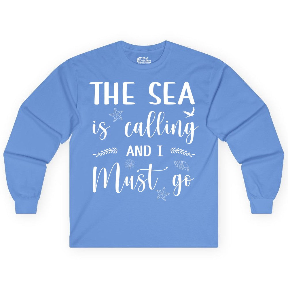 The Sea Is Calling Shirt - Ocean Lover Apparel Beach Vacation Tee (Long Sleeve) in Carolina Blue - The Sea Is Calling Shirt - Ocean Typography With Shells and Starfish