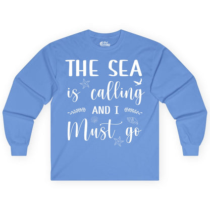 The Sea Is Calling Shirt - Ocean Lover Apparel Beach Vacation Tee (Long Sleeve) in Carolina Blue - The Sea Is Calling Shirt - Ocean Typography With Shells and Starfish