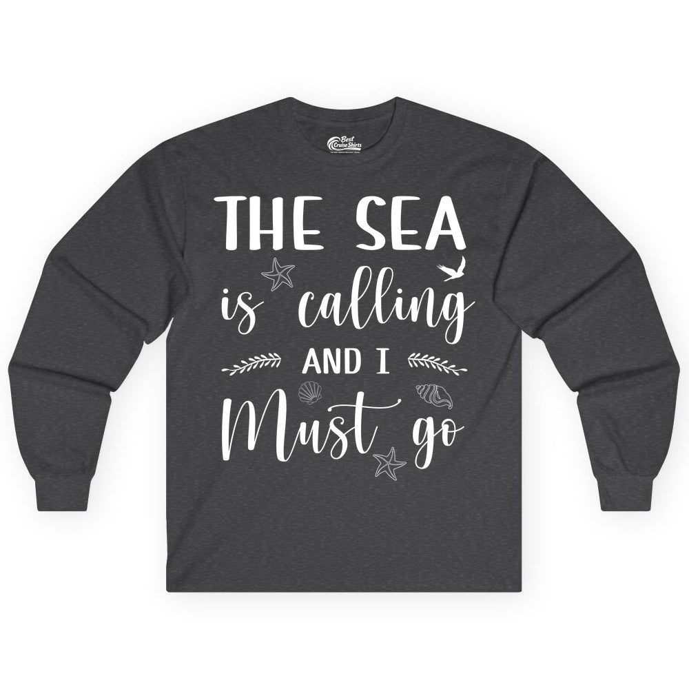 The Sea Is Calling Shirt - Ocean Lover Apparel Beach Vacation Tee (Long Sleeve) in Dark Heather - The Sea Is Calling Shirt - Ocean Typography With Shells and Starfish