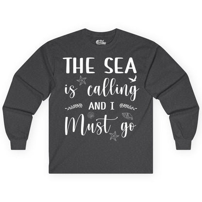 The Sea Is Calling Shirt - Ocean Lover Apparel Beach Vacation Tee (Long Sleeve) in Dark Heather - The Sea Is Calling Shirt - Ocean Typography With Shells and Starfish